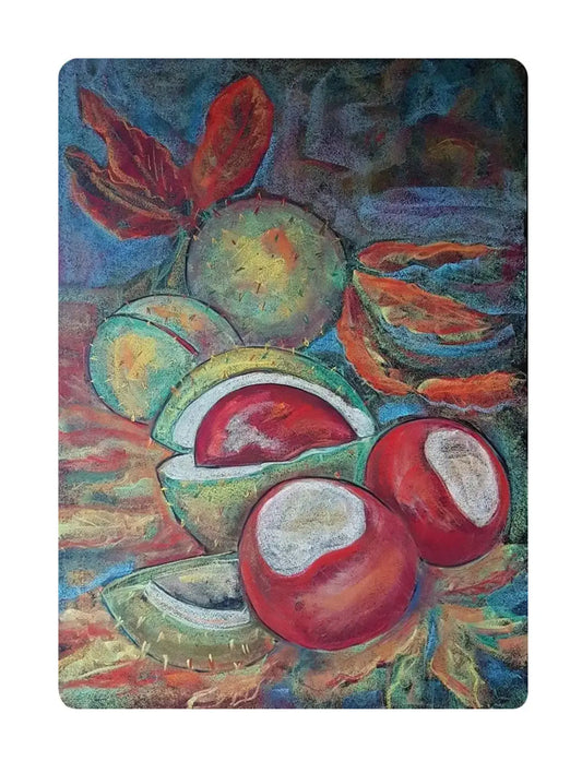 Colorful autumn postcard of horse chestnuts on the forest floor