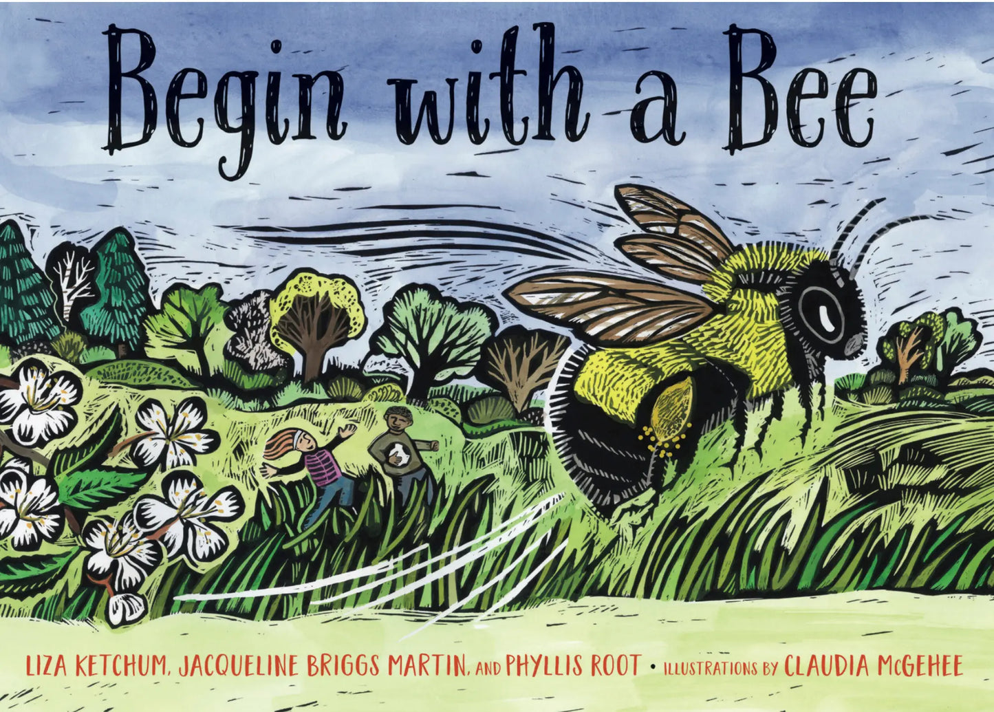 Book cover of 'Begin with a Bee' with a bee illustration and nature scene.