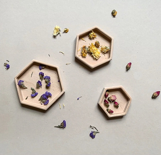Wooden hexagon trays filled with natural materials for open-ended play