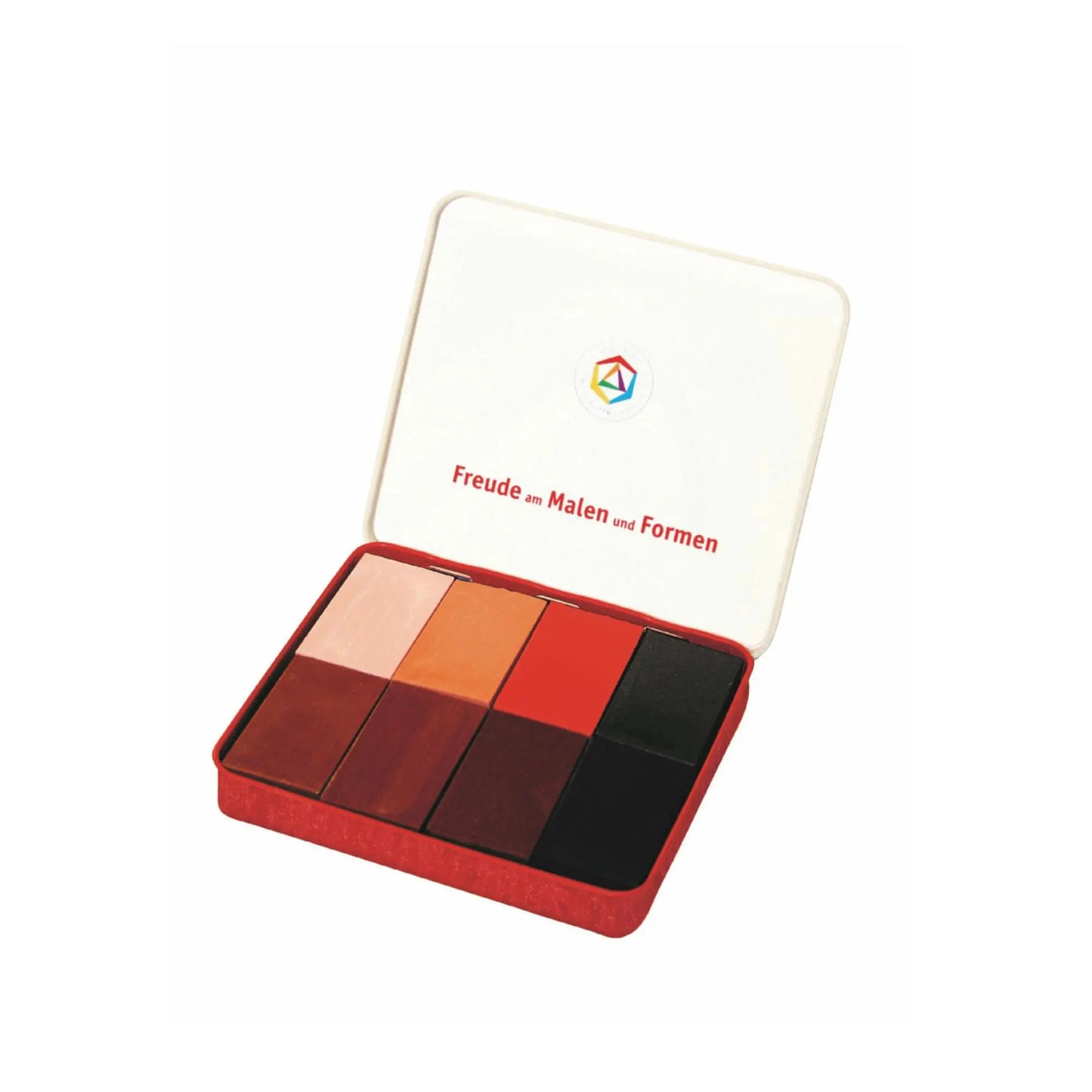 Set of Skin Tone Stockmar Block Crayons in a red tin with a visible brand logo on a white background