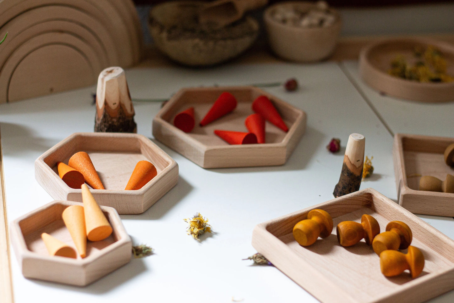 Eco-friendly wooden trays for organizing, storing, or playing with small parts
