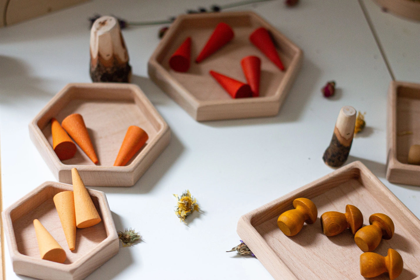 Children’s sorting trays for loose parts play in natural finished wood