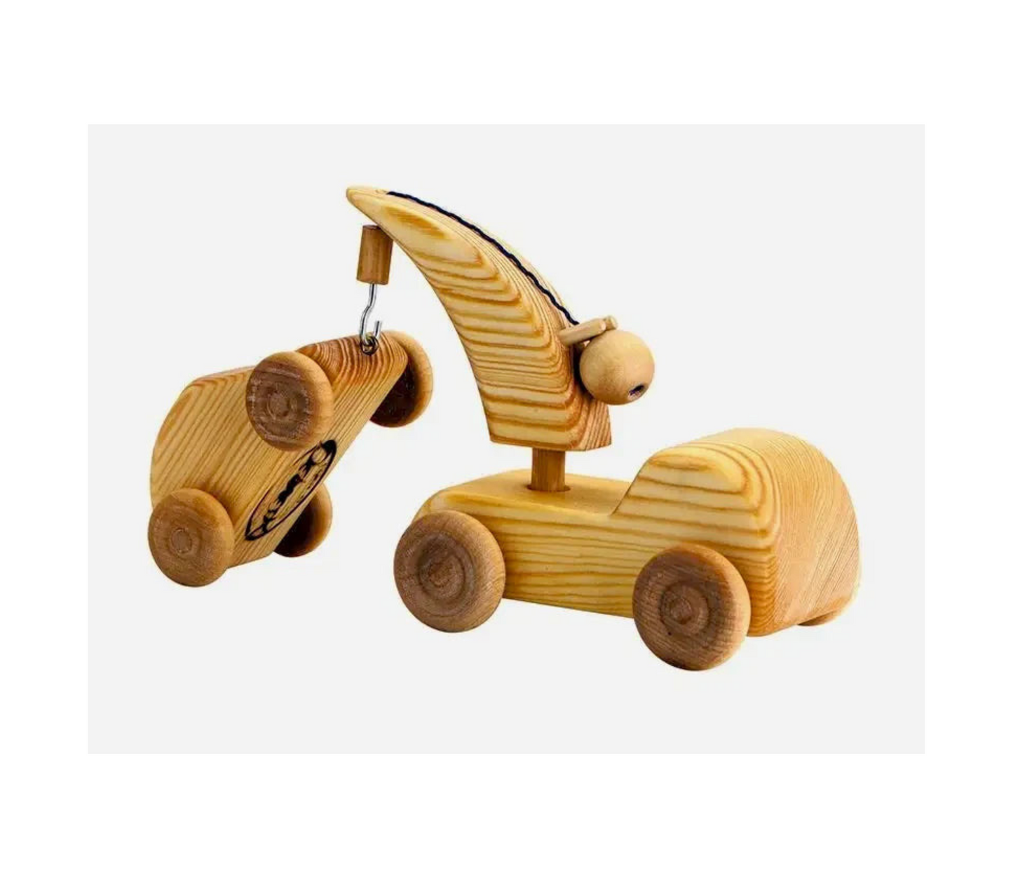 Debresk Wooden Toy Tow Truck pulling a car