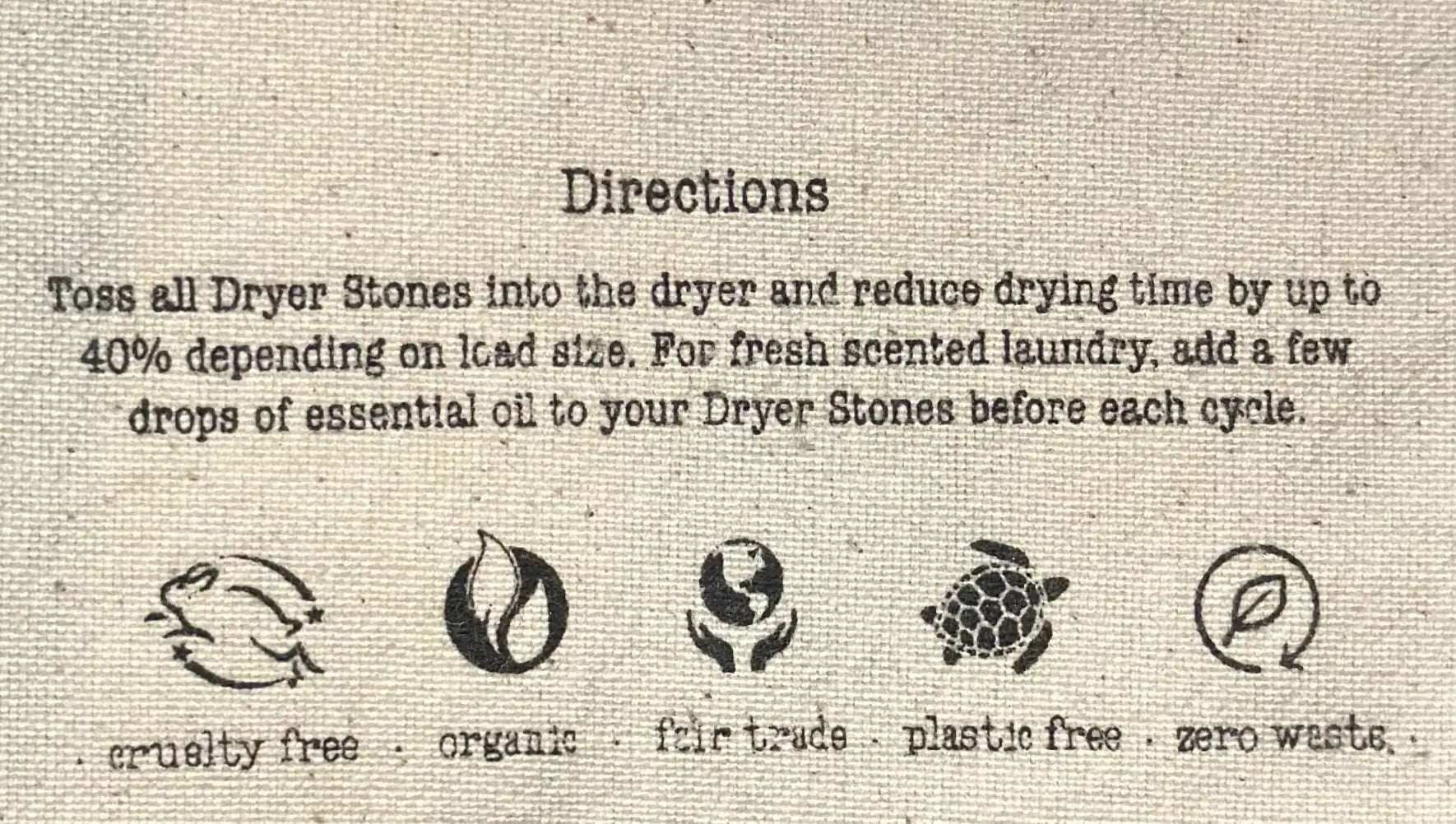 Text and symbols on a textured background about dryer stones with directions and benefits.