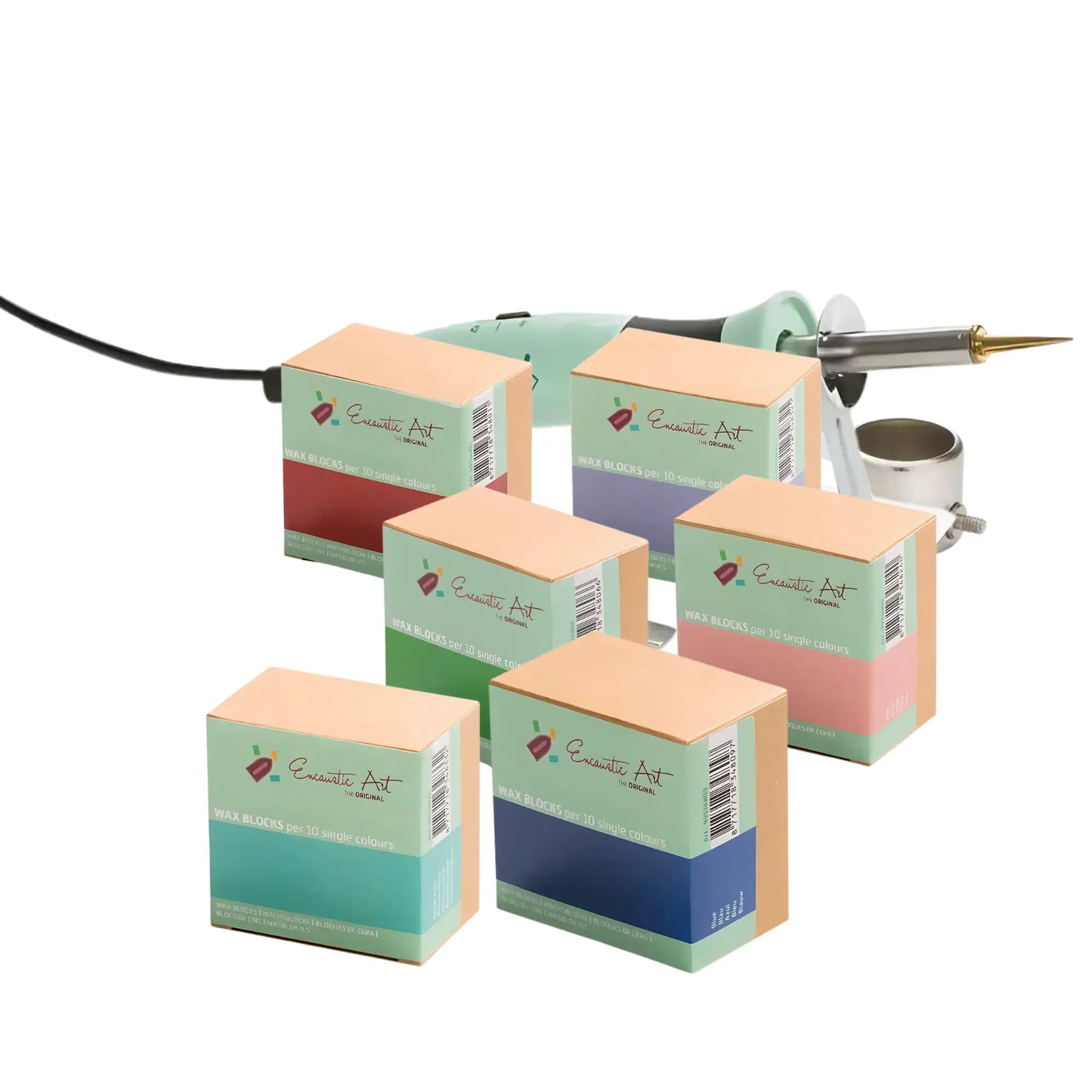 Set of wax block boxes with 'Encaustic Art' branding and a stylus pro in the background.
