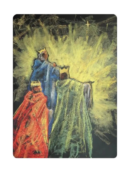 Christmas Card-Three kings in colorful robes with a bright yellow light effect on a black background
