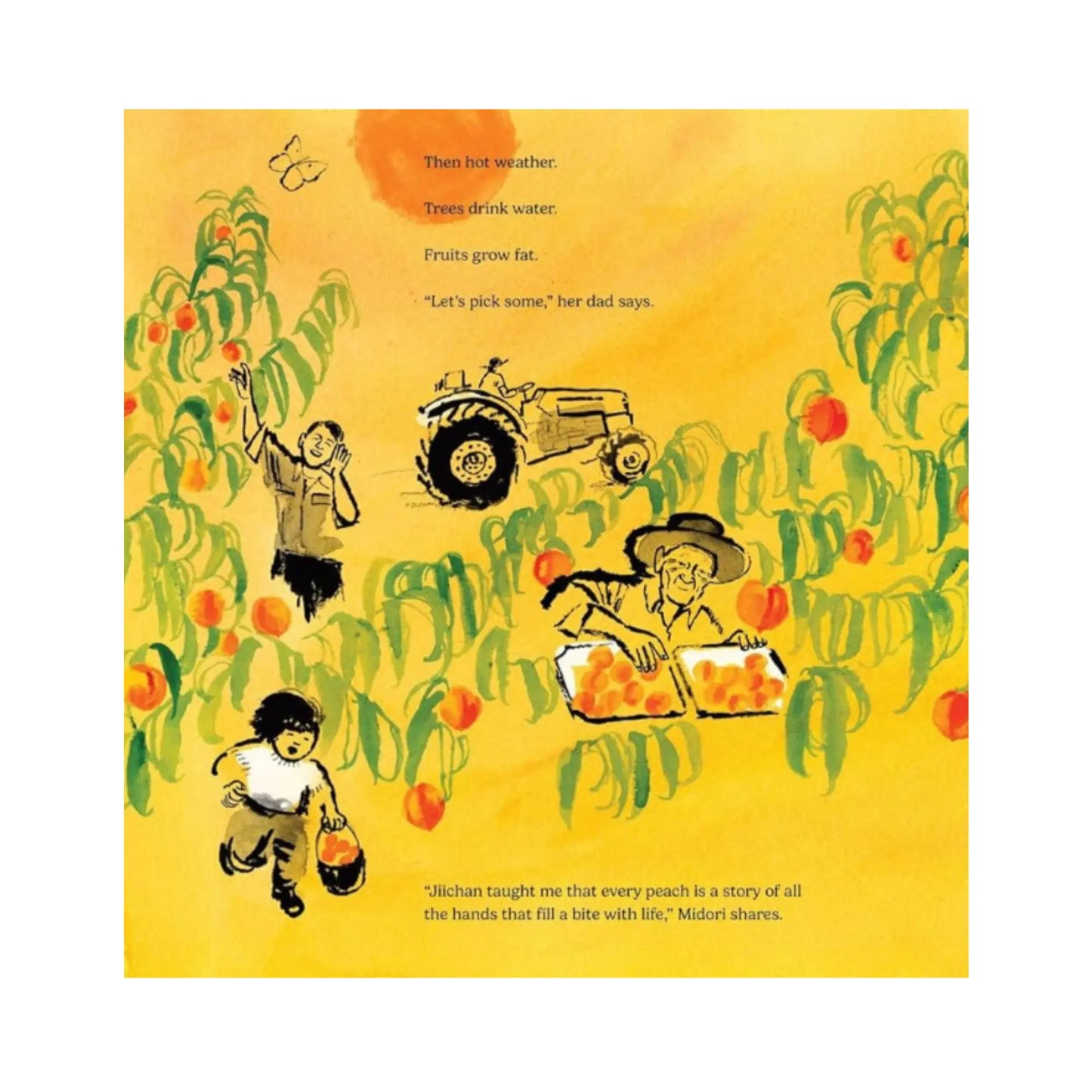 Illustration of children picking peaches with a tractor and text on a yellow background