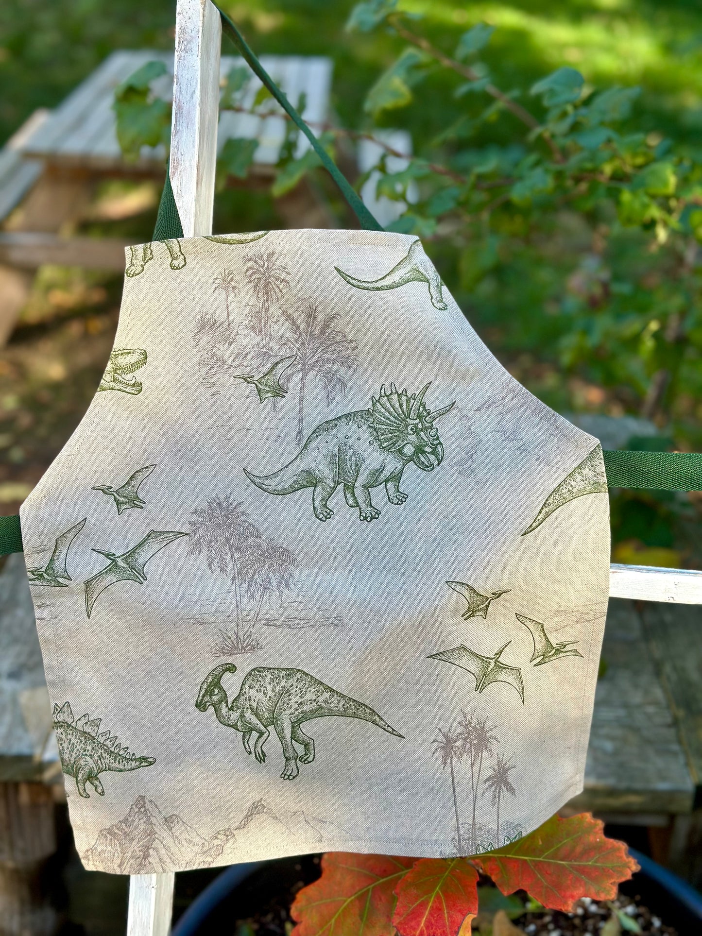 Kids Apron in Tan and Green - Dinosaur Apron - Alder & Alouette