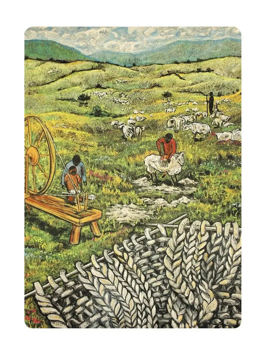Vintage-style postcard of people working in a field with sheep and a spinning wheel, featuring a woven texture overlay.