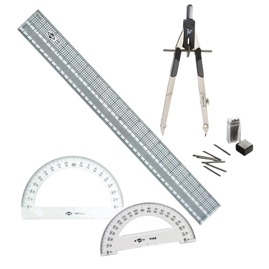 Set of drafting tools including a ruler, compasses, and protractors on a white background