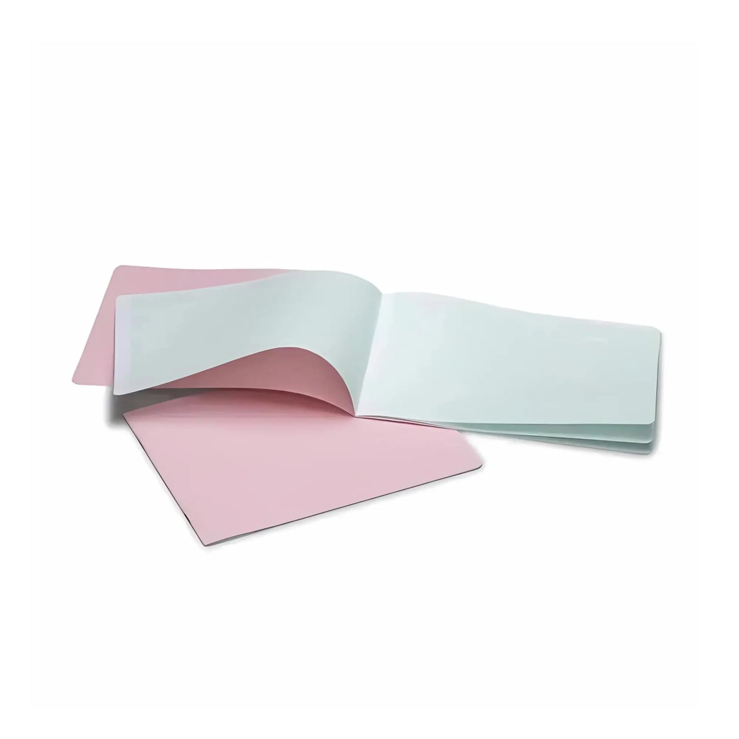 Open handwriting book with pink and white pages on a white background