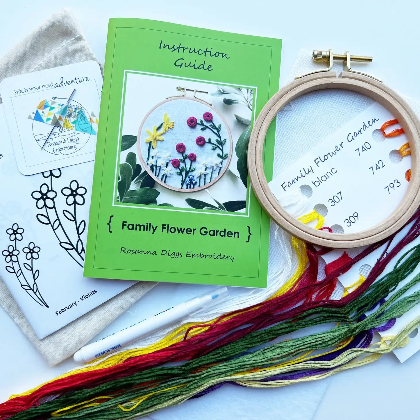 BEGINNER EMBROIDERY KIT CONTENTS - FAMILY FLOWER GARDEN - Alder & Alouette