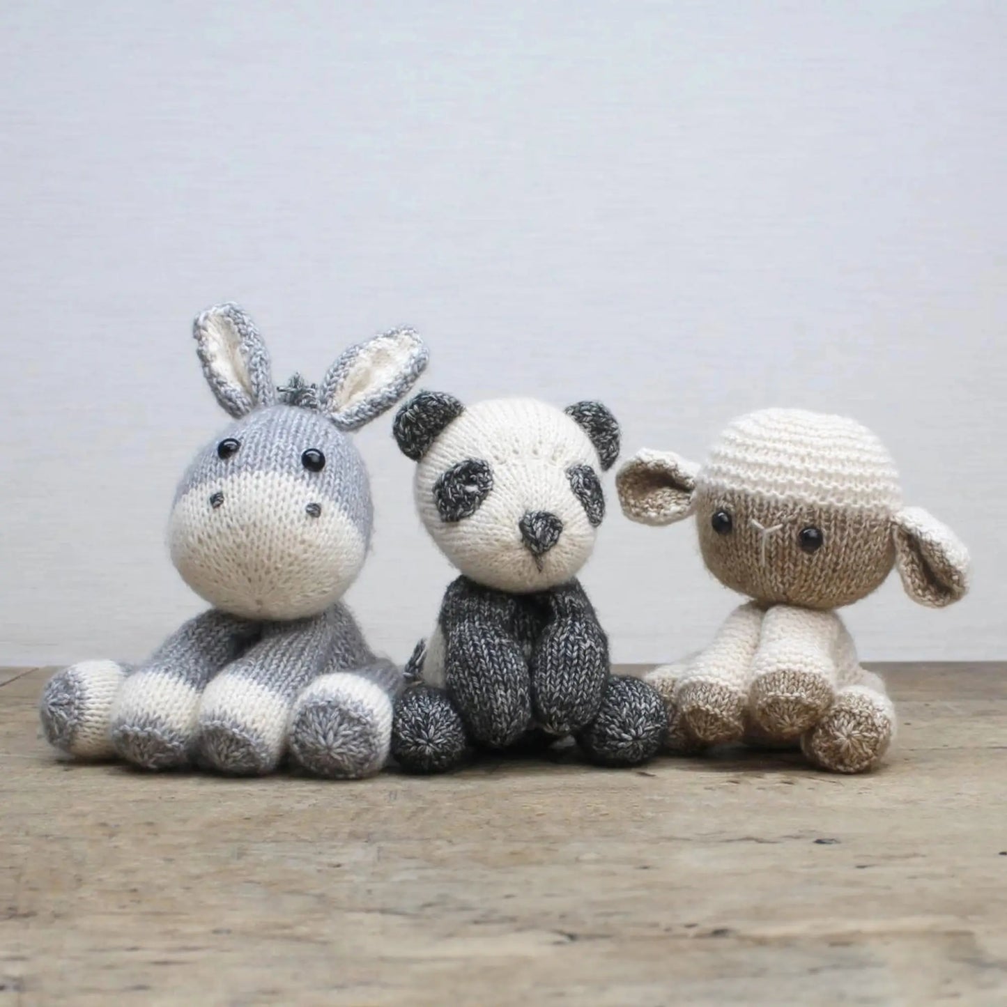 Finished knitted animals (donkey, panda, lamb) from Hardicraft Knitting Kits - Alder & Alouette