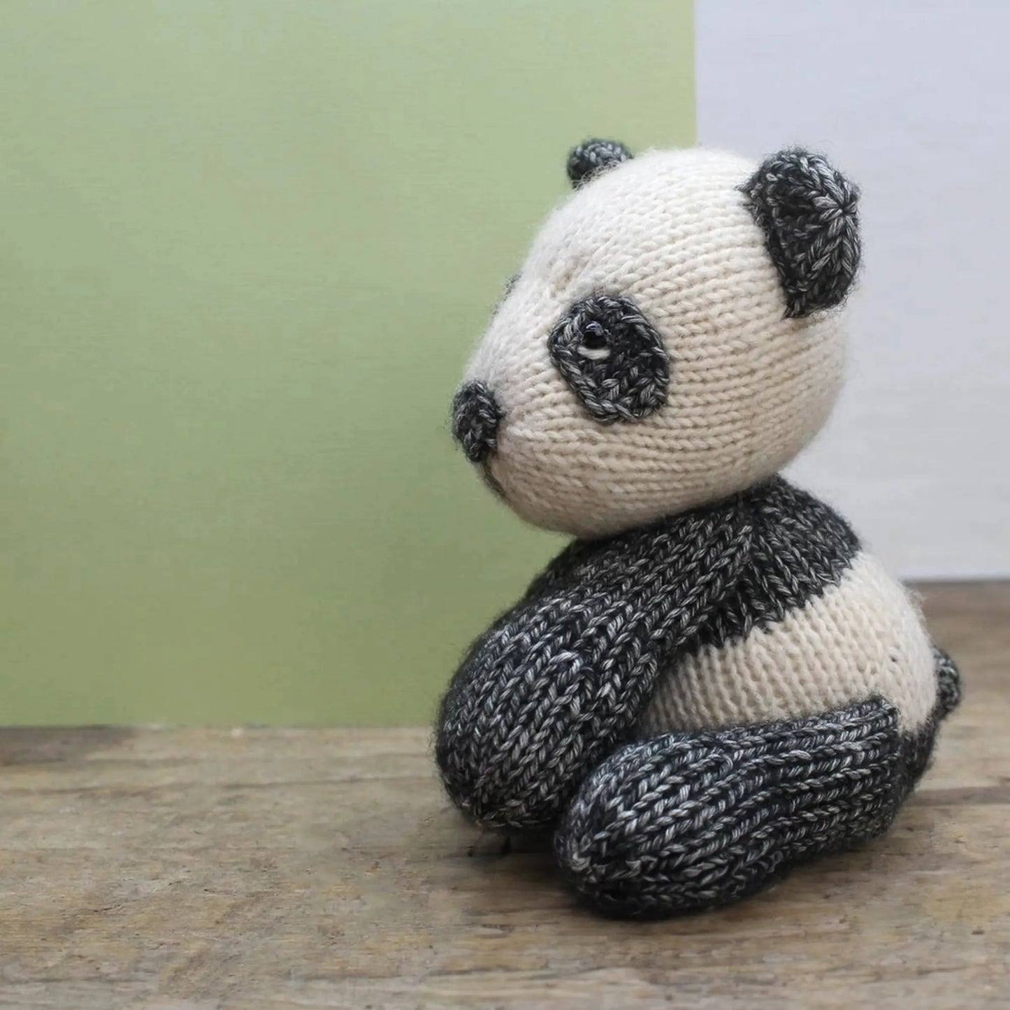 Side view of finished Panda Bear from a Knitting Kit - Alder & Alouette