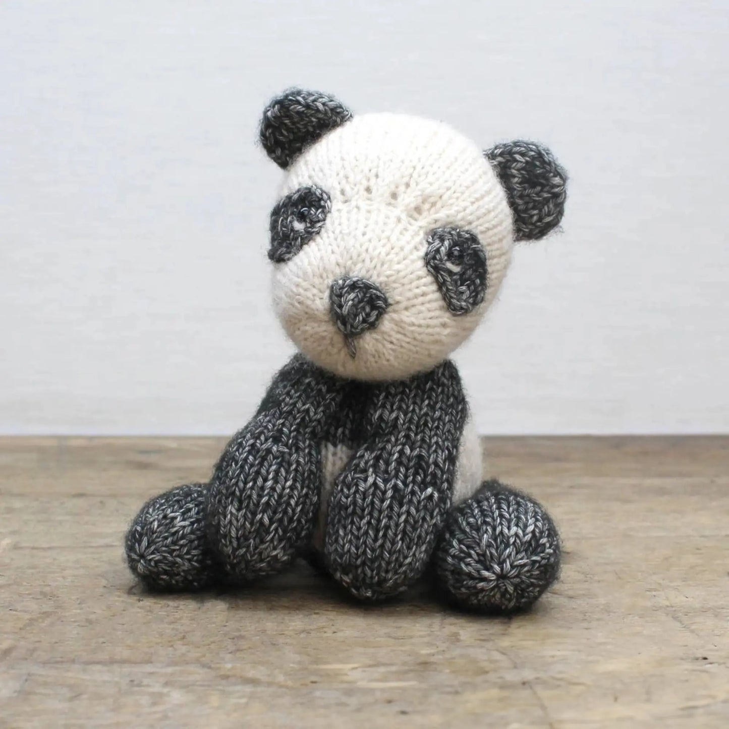 Front view of finished Panda Bear from a Knitting Kit - Alder & Alouette