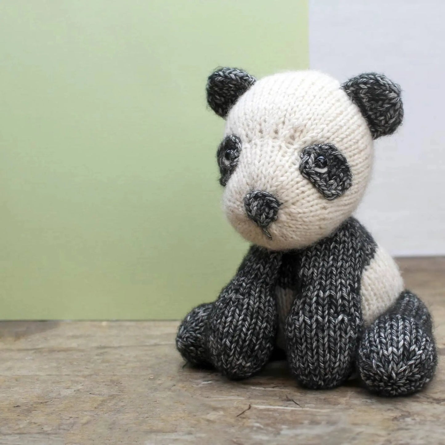 Front-facing finished Panda Bear from a Knitting Kit - Alder & Alouette