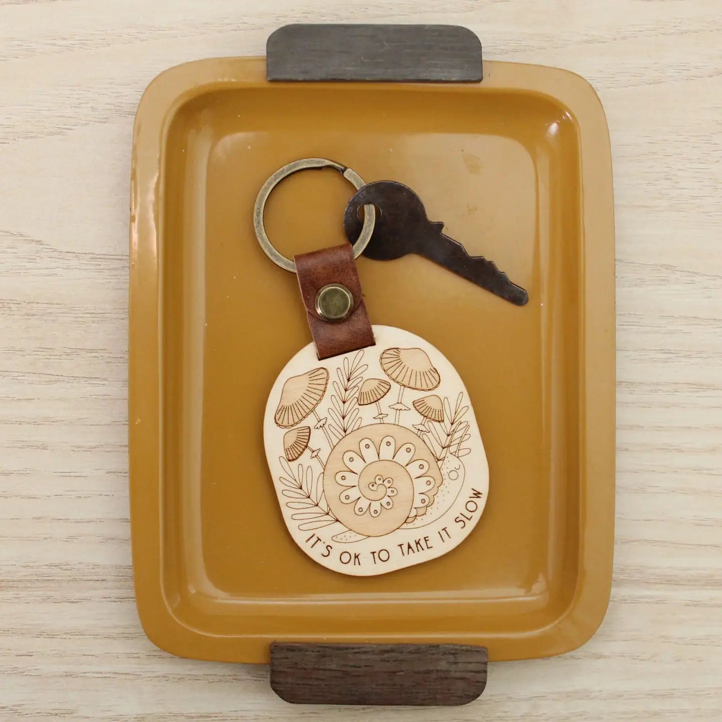 Keychain - Wood and Leather Forest Snail