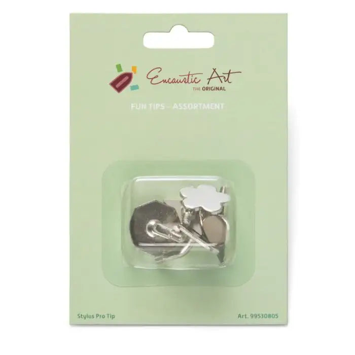 Stylus Pro Fun Tips Flower, Star, Heart, Hexagon, Tear In blister package with green background