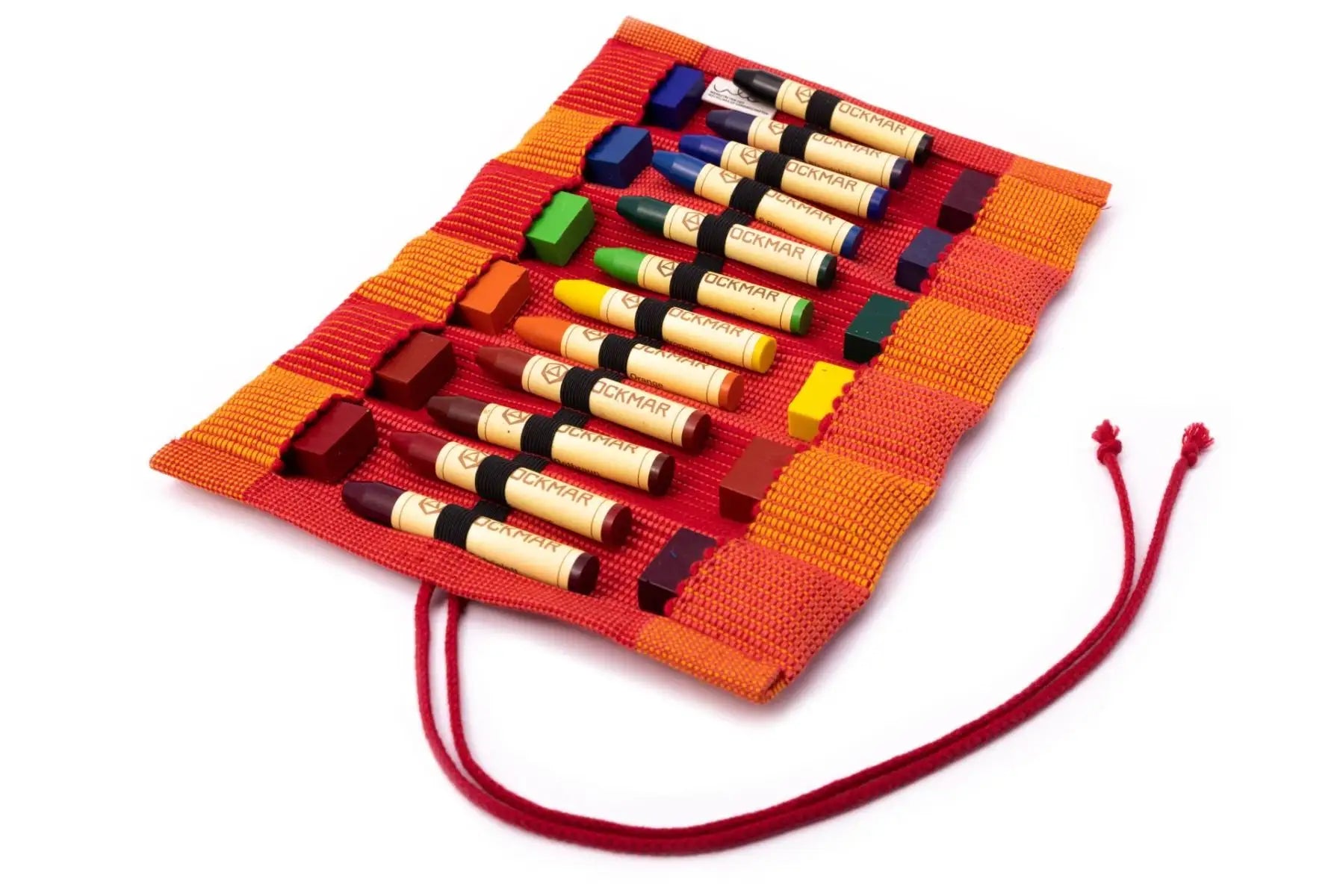 Red and Orange crayon roll up case open to show crayons on white background