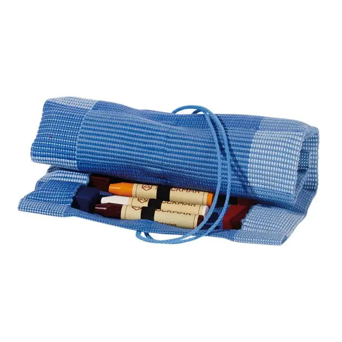 Blue crayon roll up case in a rolled position on a white background