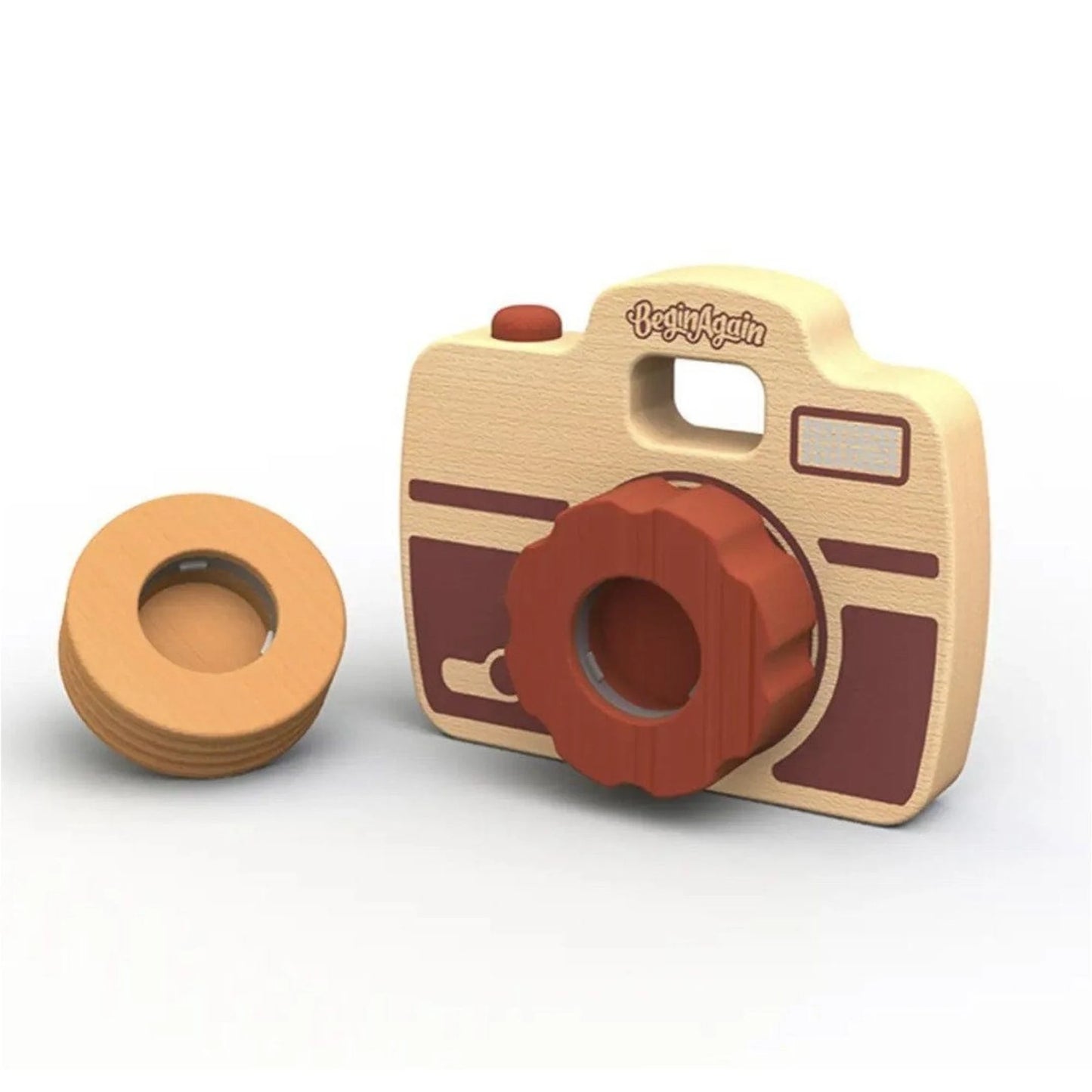 Wooden Toy Camera for Pretend Play on a White Background