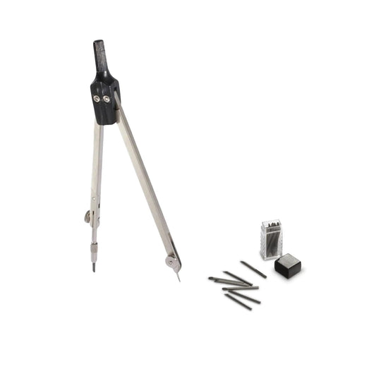 Metal School Compass with a container of refillable compass tips on a white background