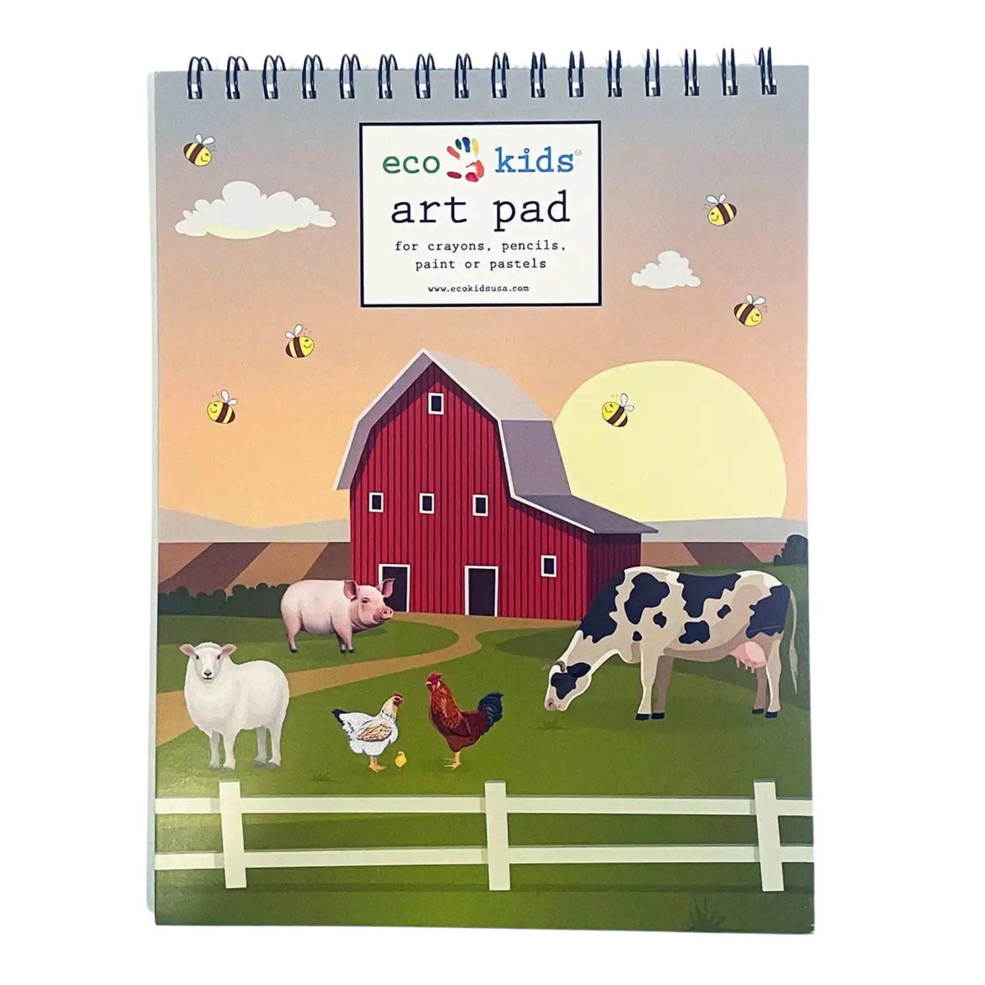 Art pad by eco kids with farm scene: barn, cow, chickens, sheep, pig, bees on grass