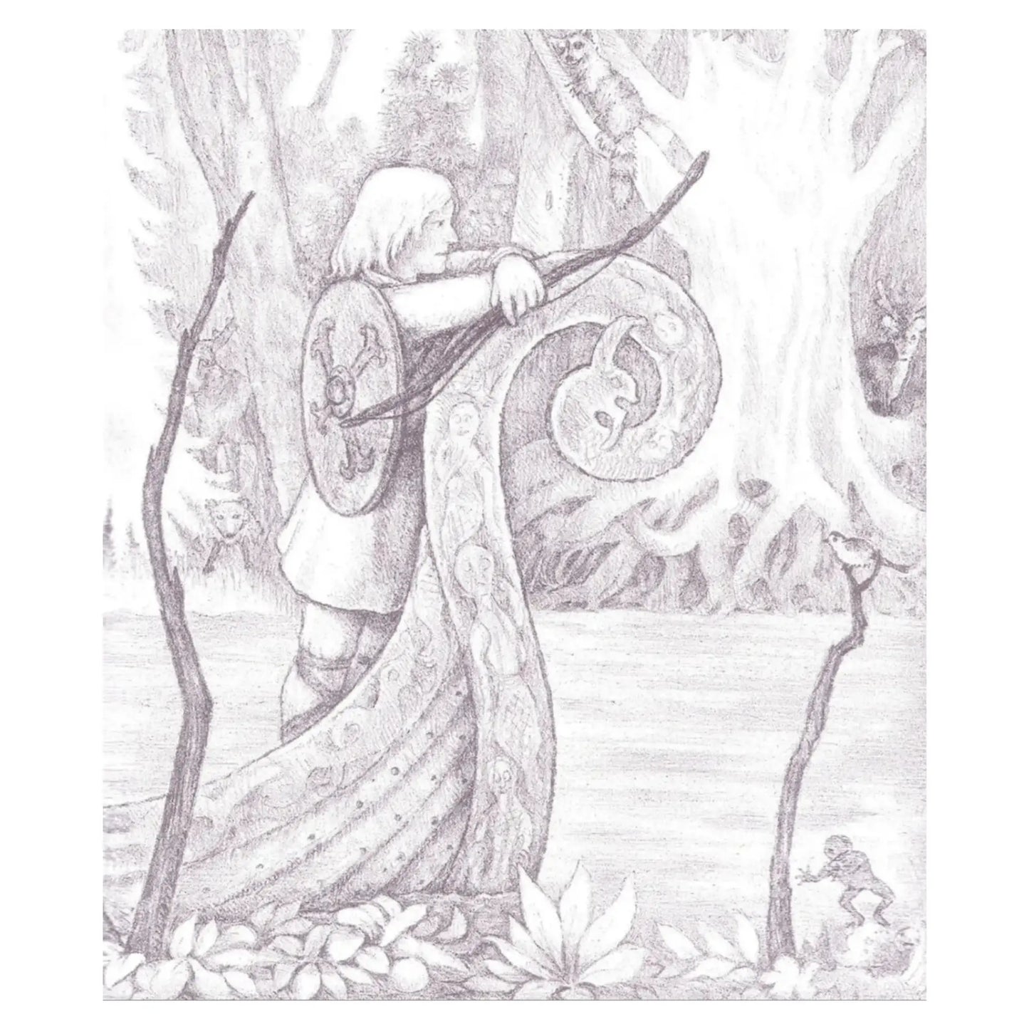 Illustration of a Norse warrior in armor with a shield and bow in a forest setting from Leif the Lucky.