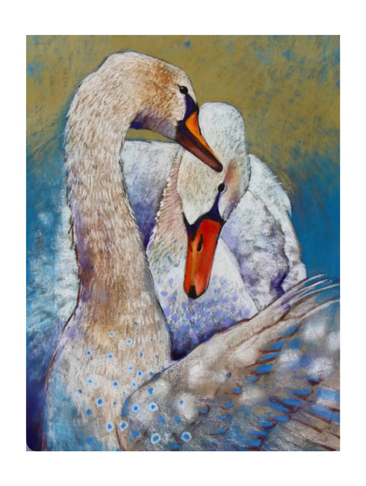 Postcard depiction of two swans embracing with a textured blue and green background