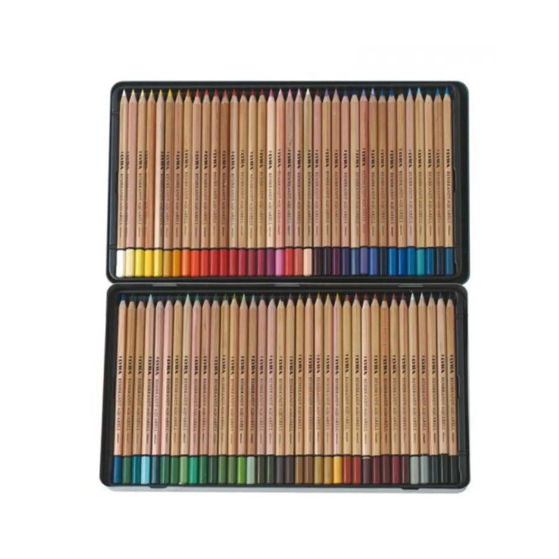 Set of Lyra Rembrandt Aquarell colored pencils in a black case on a white background