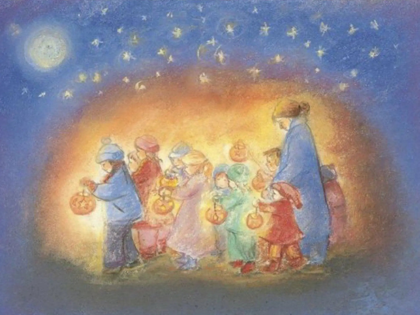 Illustration of children with lanterns around a central figure under a starry night sky.