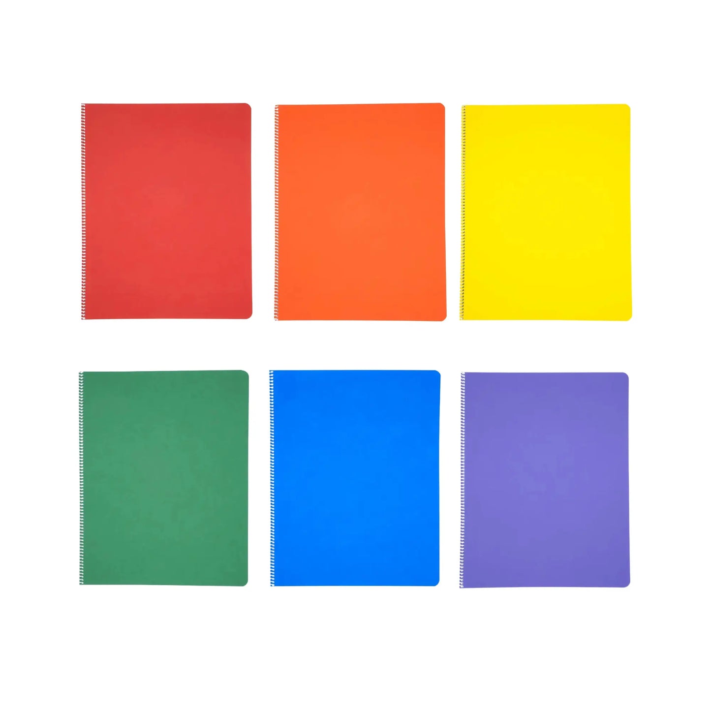 Set of six colorful spiral main lesson books in red, orange, yellow, green, blue, and purple on a white background.