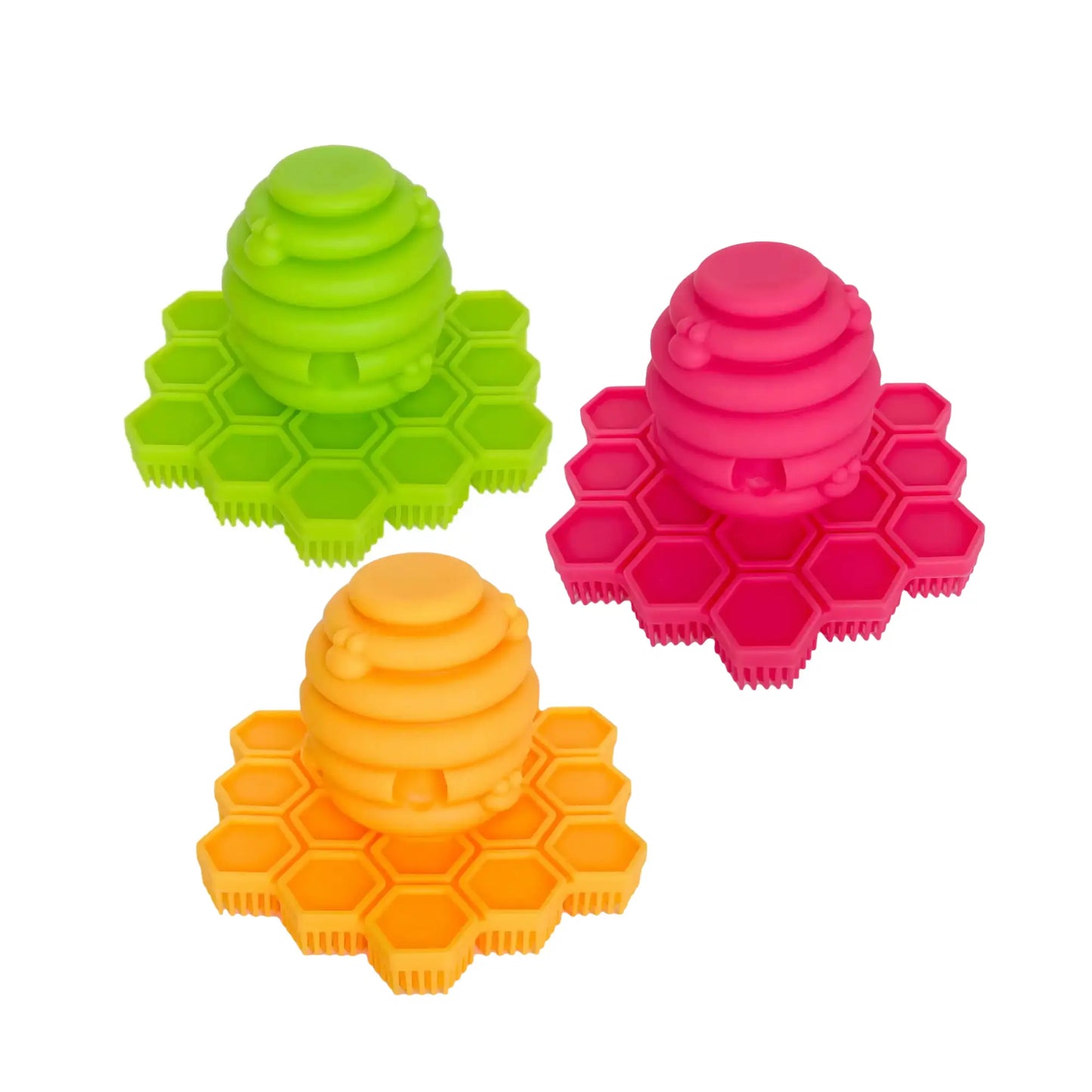 Three colorful silicone srub'bee' for infant scalps and toddler hands, face and feet.