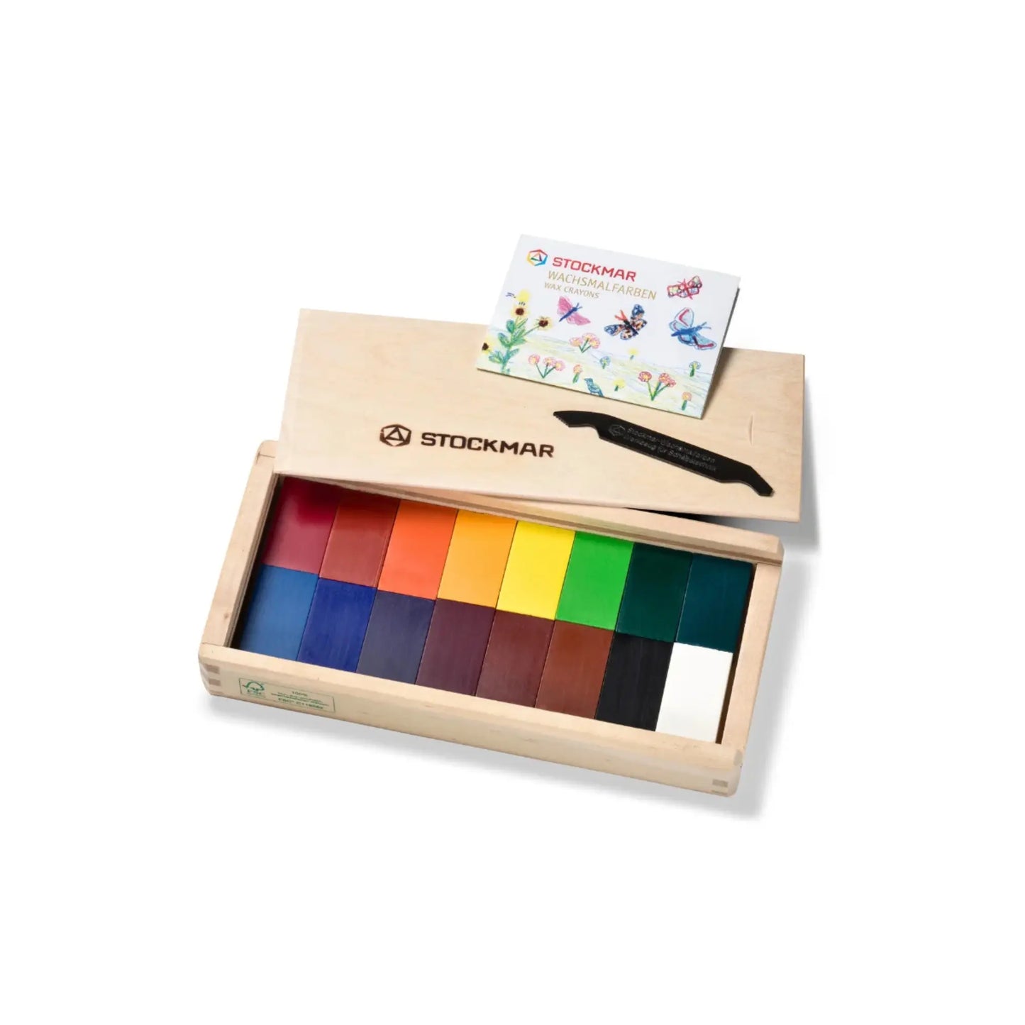 Set of Stockmar block crayons in a wooden box on a white background