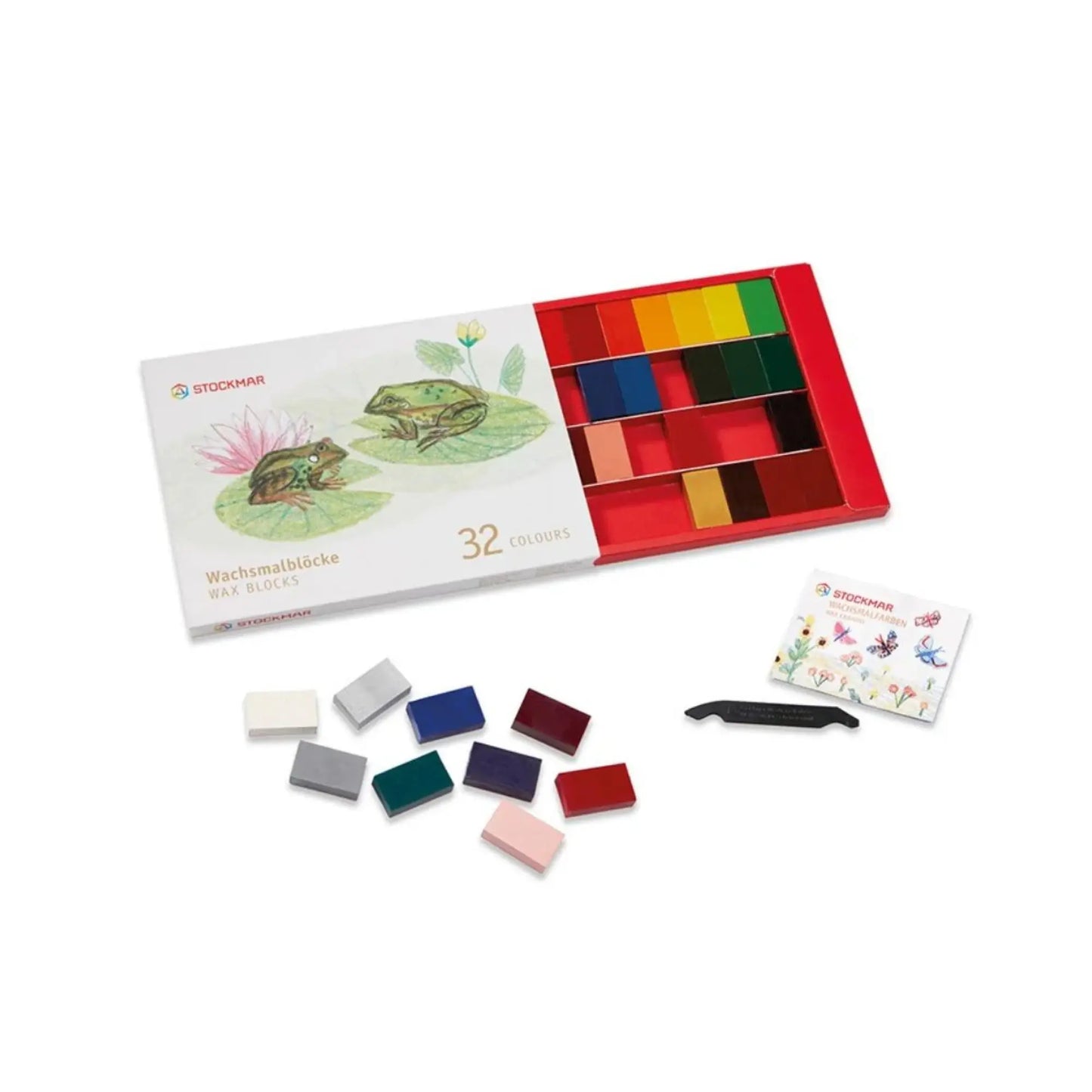 Colorful wax block crayon set with packaging on a white background