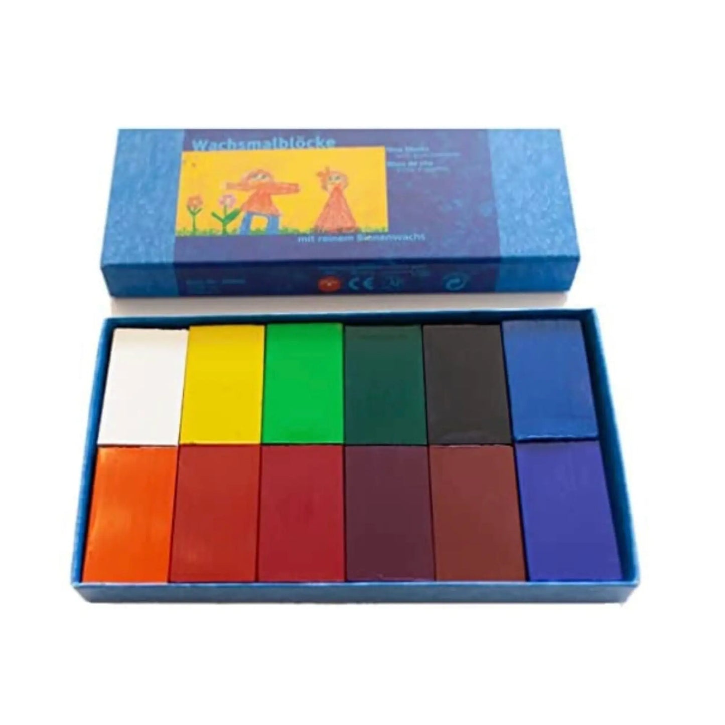 Set of colorful Stockmar blocks in a blue box on a white background