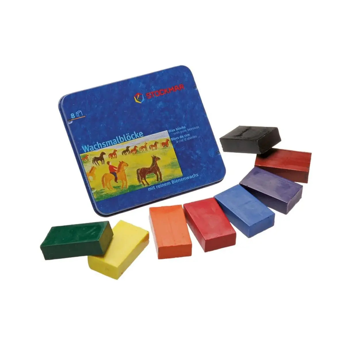 Colorful wax crayons with a tin lid featuring illustrations on a white background