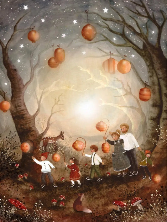 A family carrying lanterns with animals against a starry night sky.