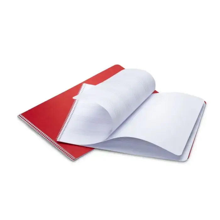 Open notebook with red cover and white pages on a white background