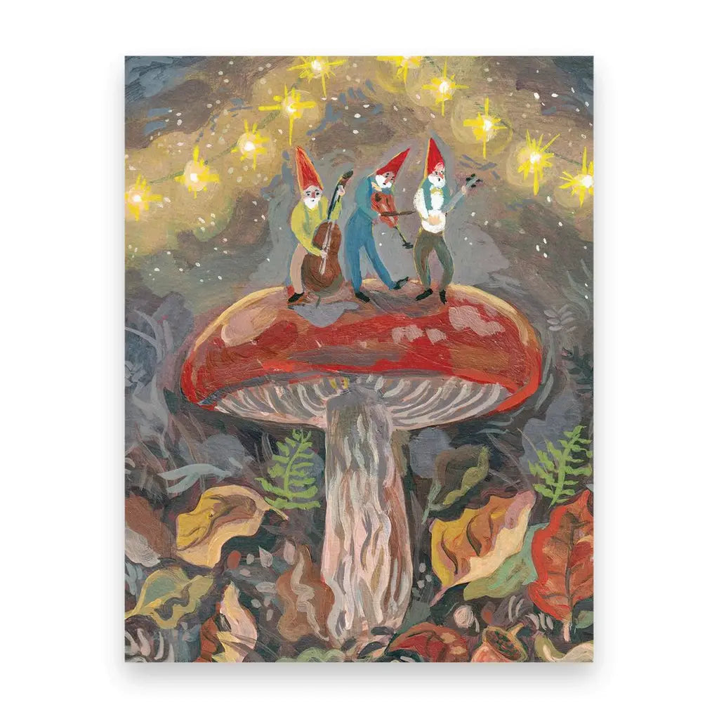 Ingrid Press postcards of gnomes playing instruments in a whimsical forest, Waldorf-inspired