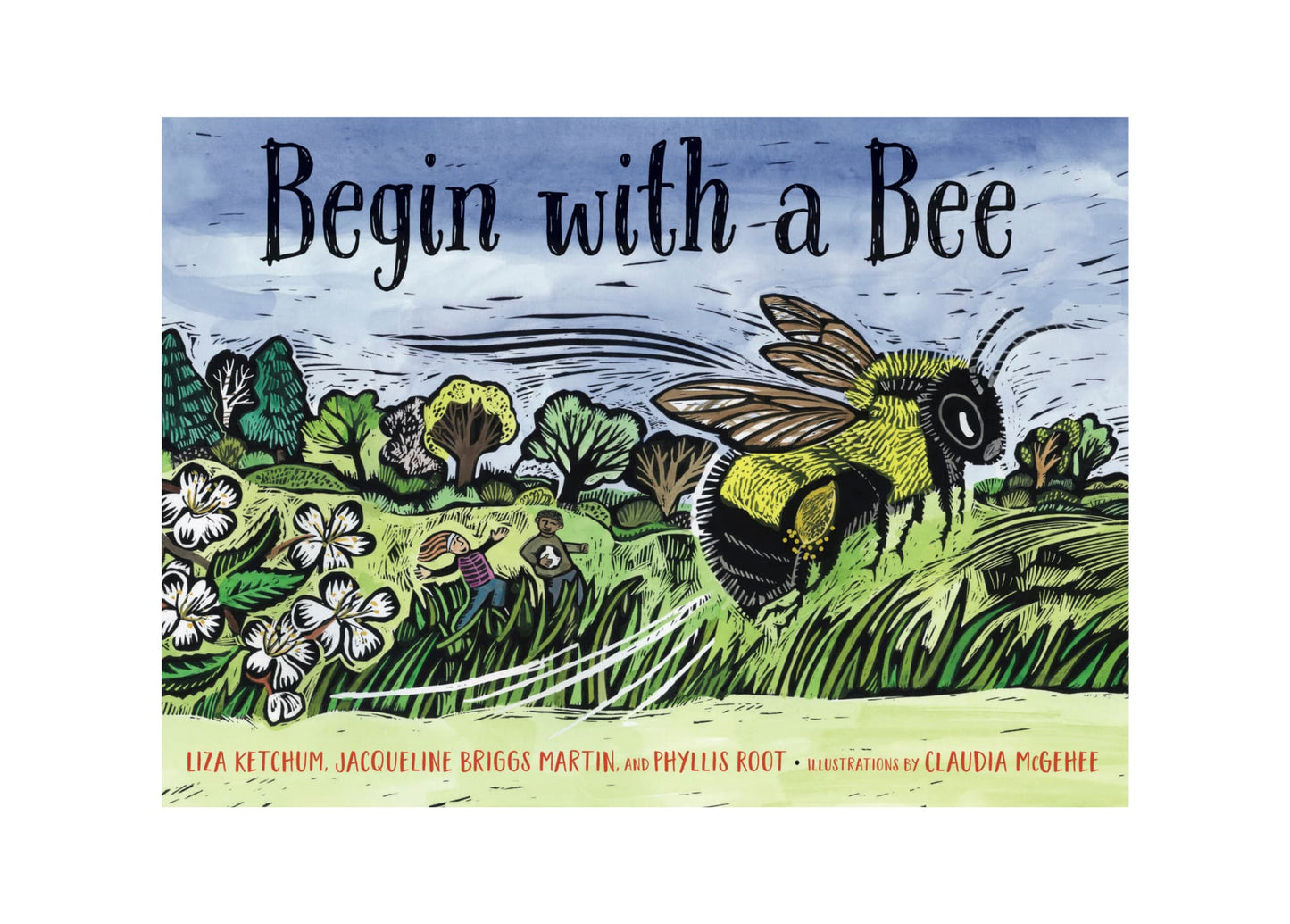 Book cover of 'Begin with a Bee' with a bee illustration and nature scene.