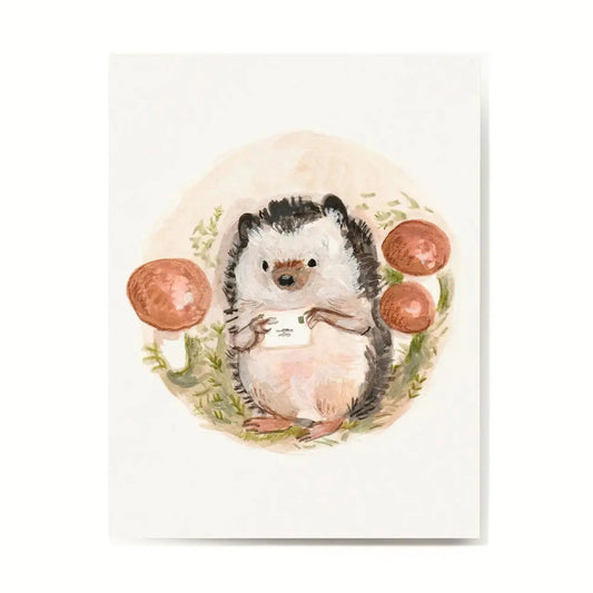 Whimsical card Illustration of a hedgehog holding a card with mushrooms and plants on a white background