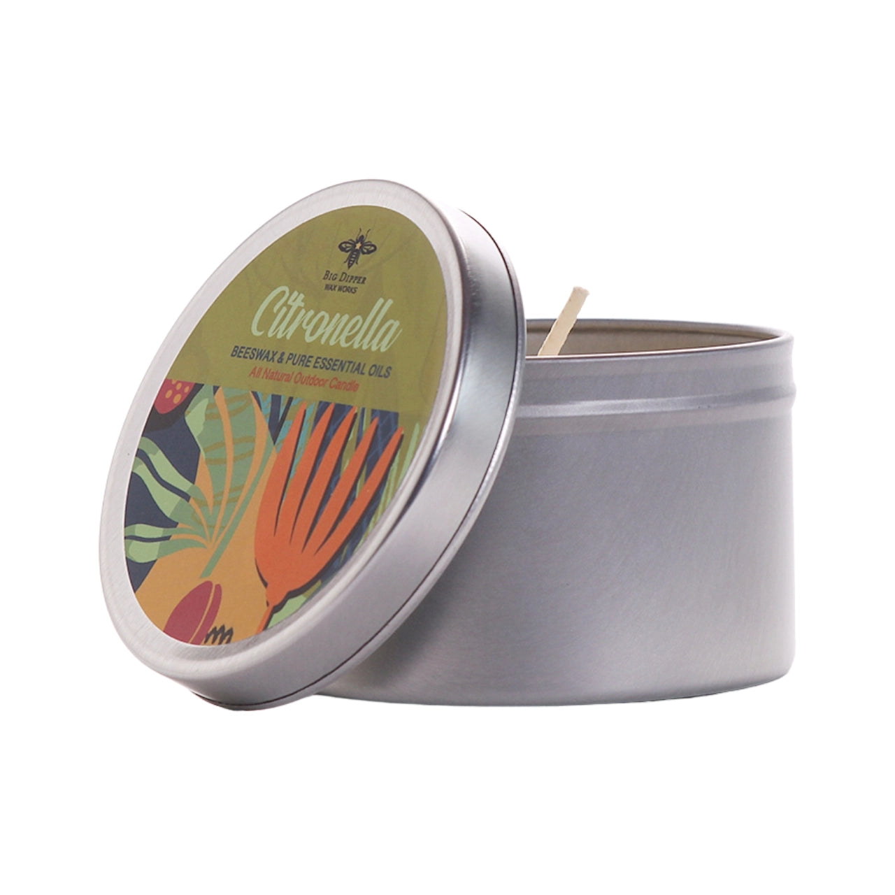 Handcrafted citronella candle in recycled tin for outdoor insect protection.