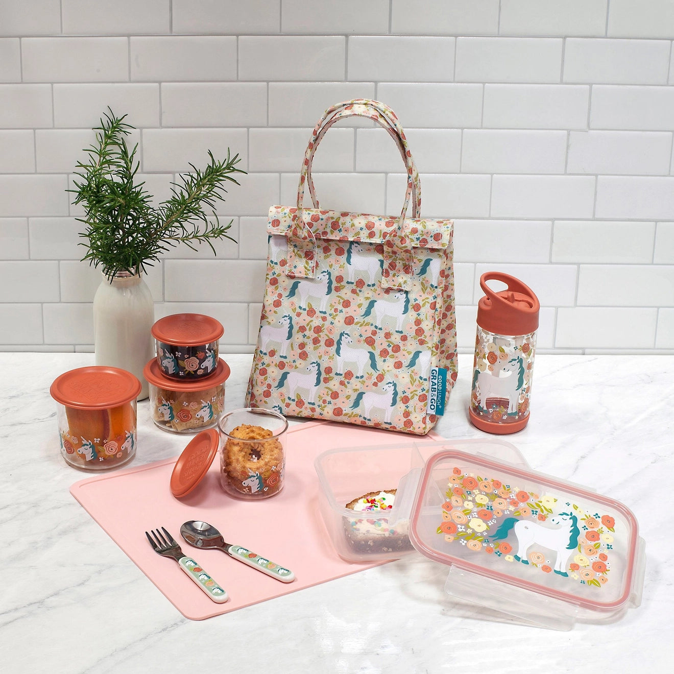 Unicorn Lunch bag and Flip & Sip Drink Bottle Lifestyle Photo - Alder & Alouette
