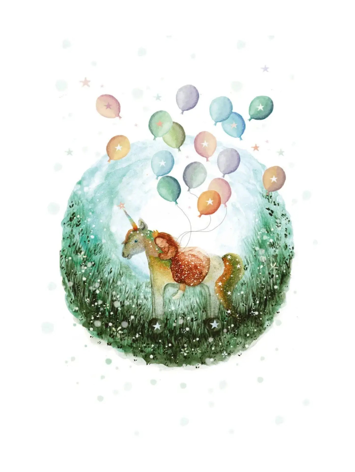 Unicorn and girl with crown surrounded by colorful balloons in a grassy field