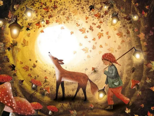 Illustration of a child and a fox in a magical forest with glowing lights and autumn leaves.