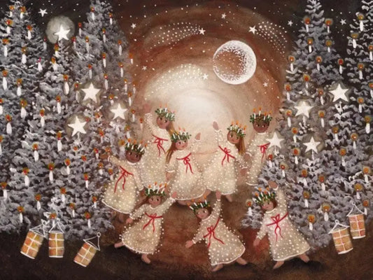 Illustration of girls as Saint Lucia in white dresses with red bows, surrounded by Christmas trees and presents.