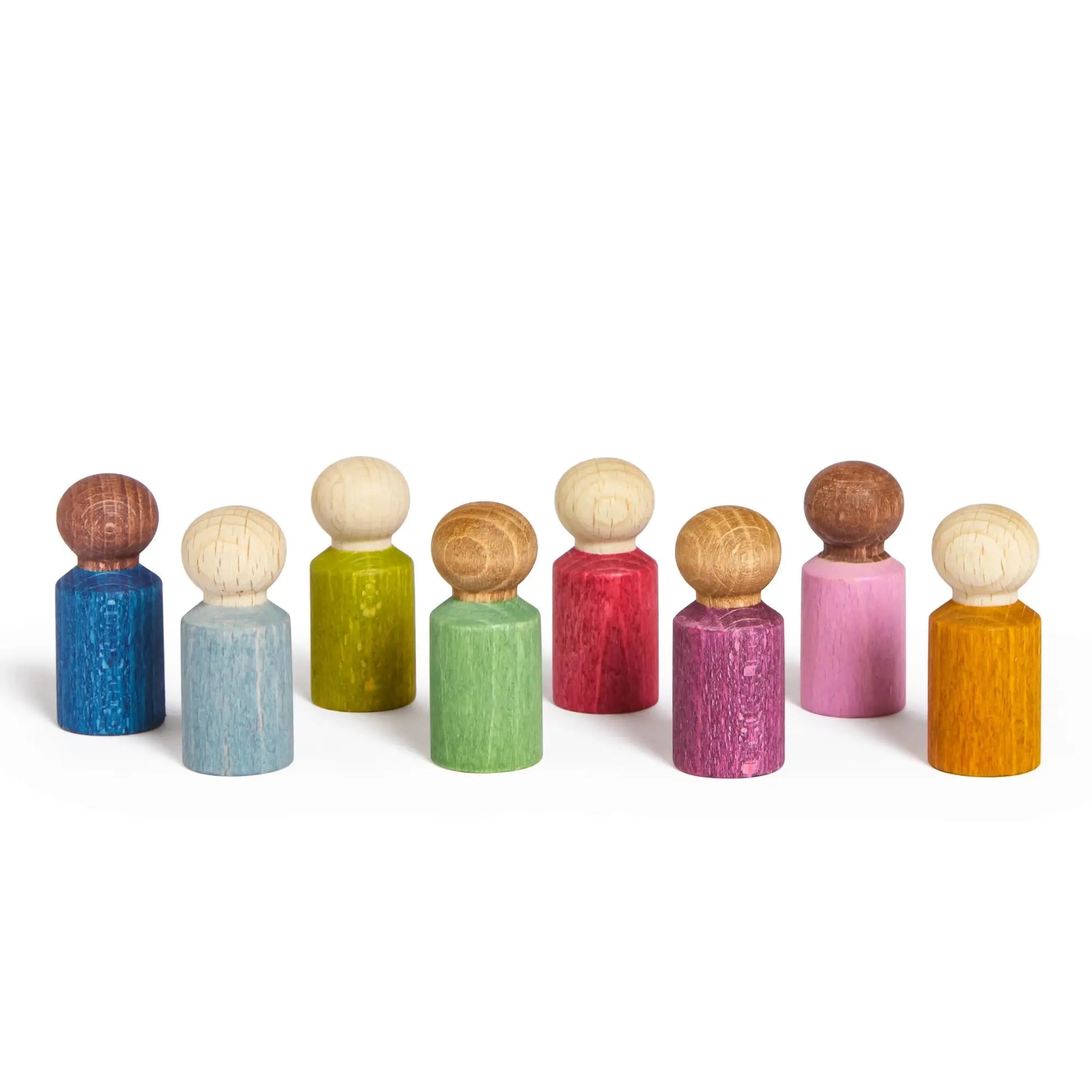 Eight Lubulona Lubu People wooden figures on white background, hand-painted with non-toxic stain showing natural wood grain