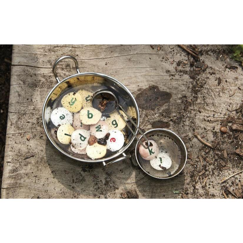 Alphabet Pebbles, Lower Case Set of Sensory Stones being used for alphabet soup - Alder & Alouette