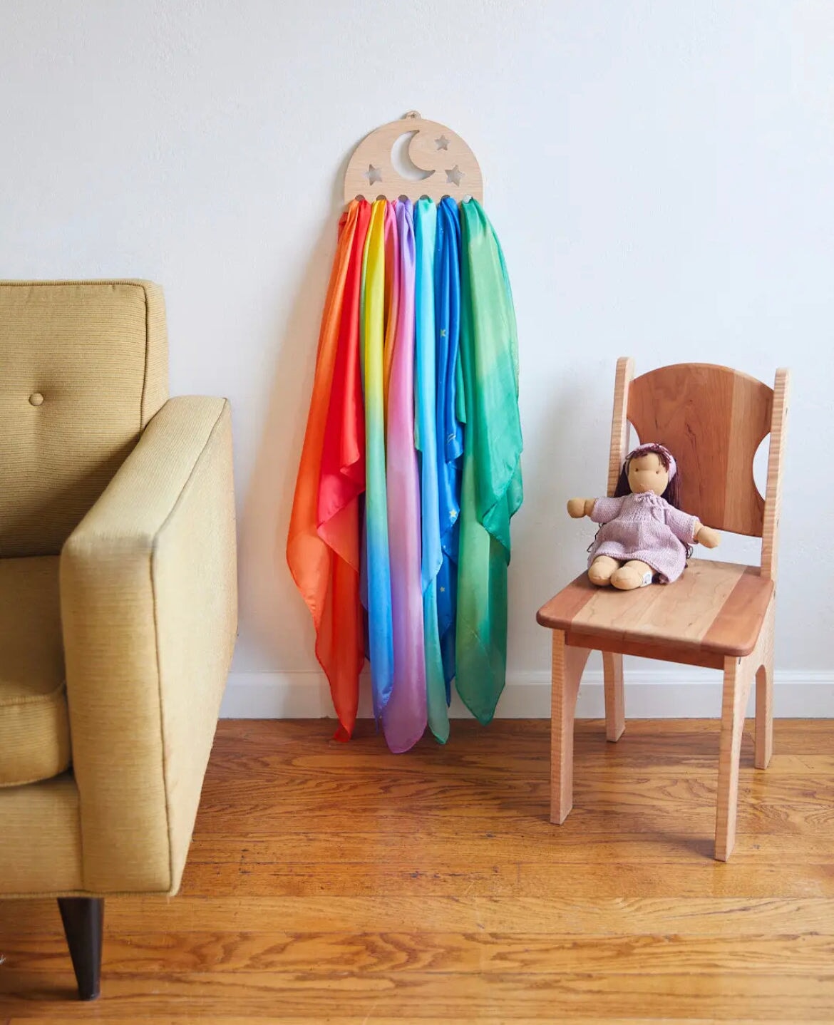 Sarah's Silks Wooden Playsilk Holder Moon and Stars with doll in a wooden chair